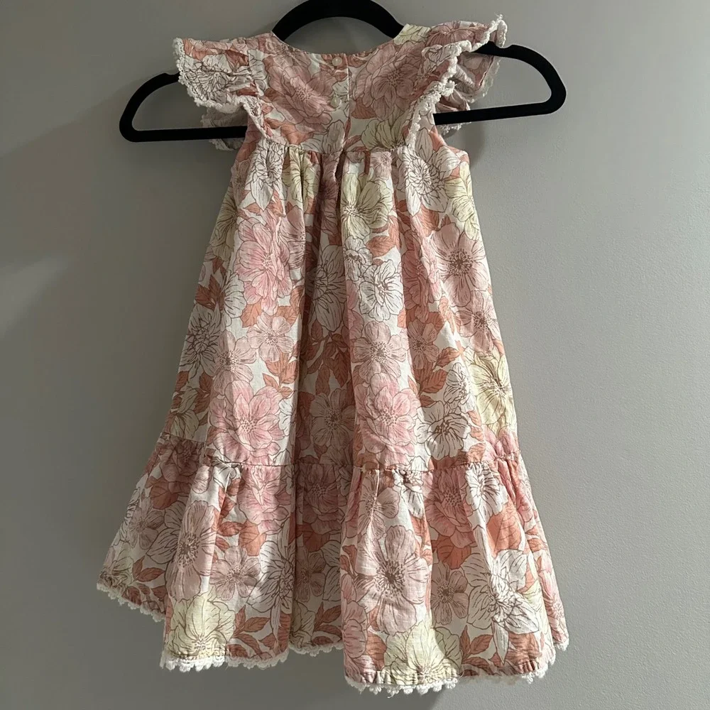 Floral Tiered Flutter Sleeve Kids Dress Pink Yellow 100% Cotton‎ Lace Trim
